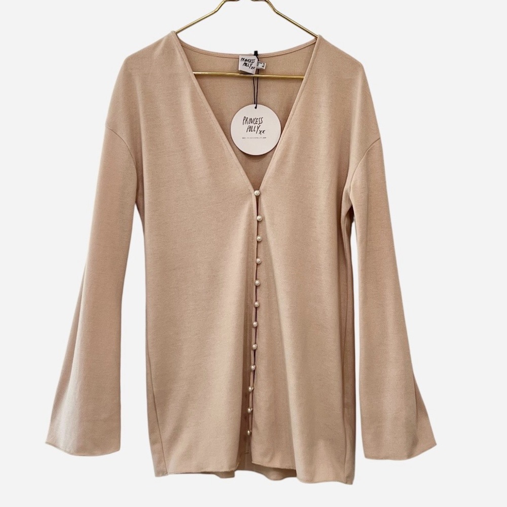 Princess Polly Macy Cardigan Beige Pearl Button Front Size 6 NWT - Picture 4 of 10